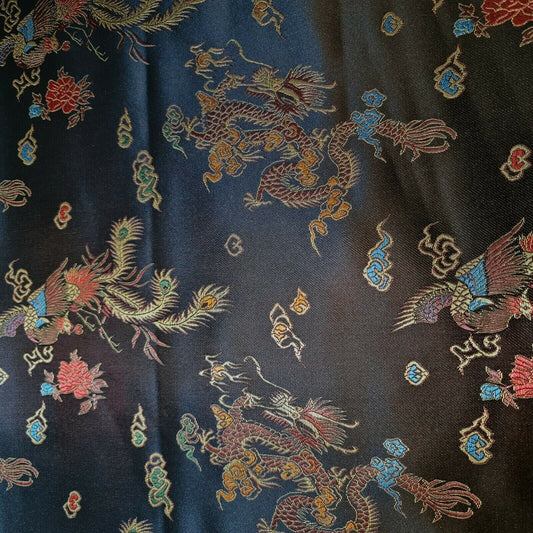 Traditional Chinese Embroidered Brocade Poly Silky Satin Oriental Dragon Print By the Meter (Black- Brown)