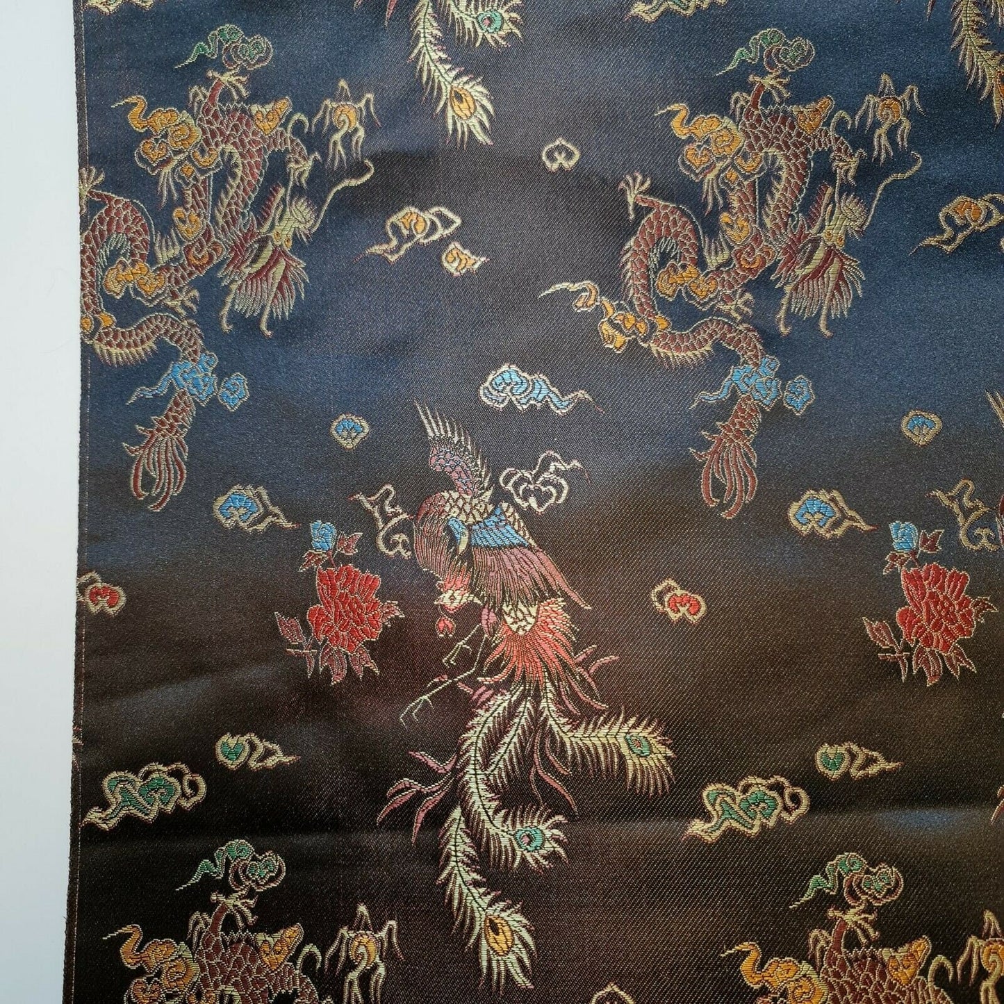 Traditional Chinese Embroidered Brocade Poly Silky Satin Oriental Dragon Print By the Meter (Black- Brown)