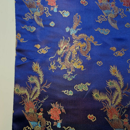 Traditional Chinese Embroidered Brocade Poly Silky Satin Oriental Dragon Print By the Meter (Navy Blue)