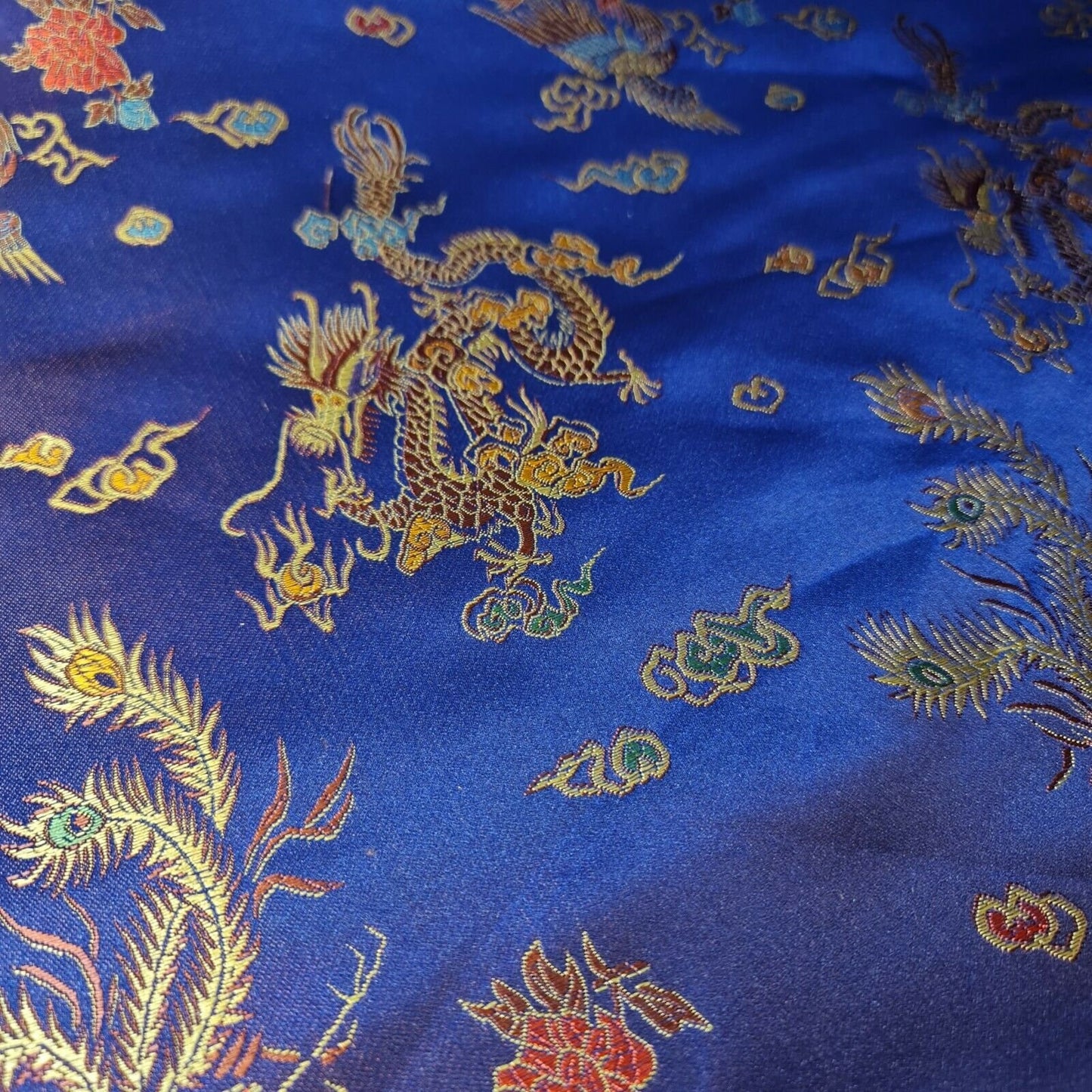 Traditional Chinese Embroidered Brocade Poly Silky Satin Oriental Dragon Print By the Meter (Navy Blue)