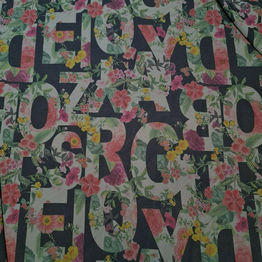 Alphabets Print Crepe Chiffon Georgette Black Floral Dress Craft Fabric 58"