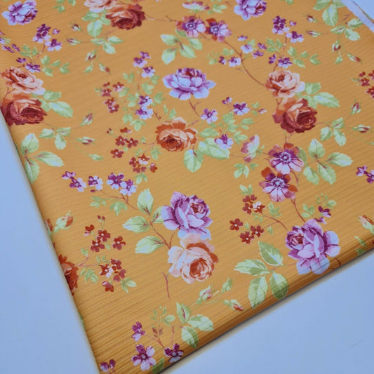 Mustard Floral Plissé Stretch Ribbed Jersey Vintage Rose Dress Fabric By The Meter