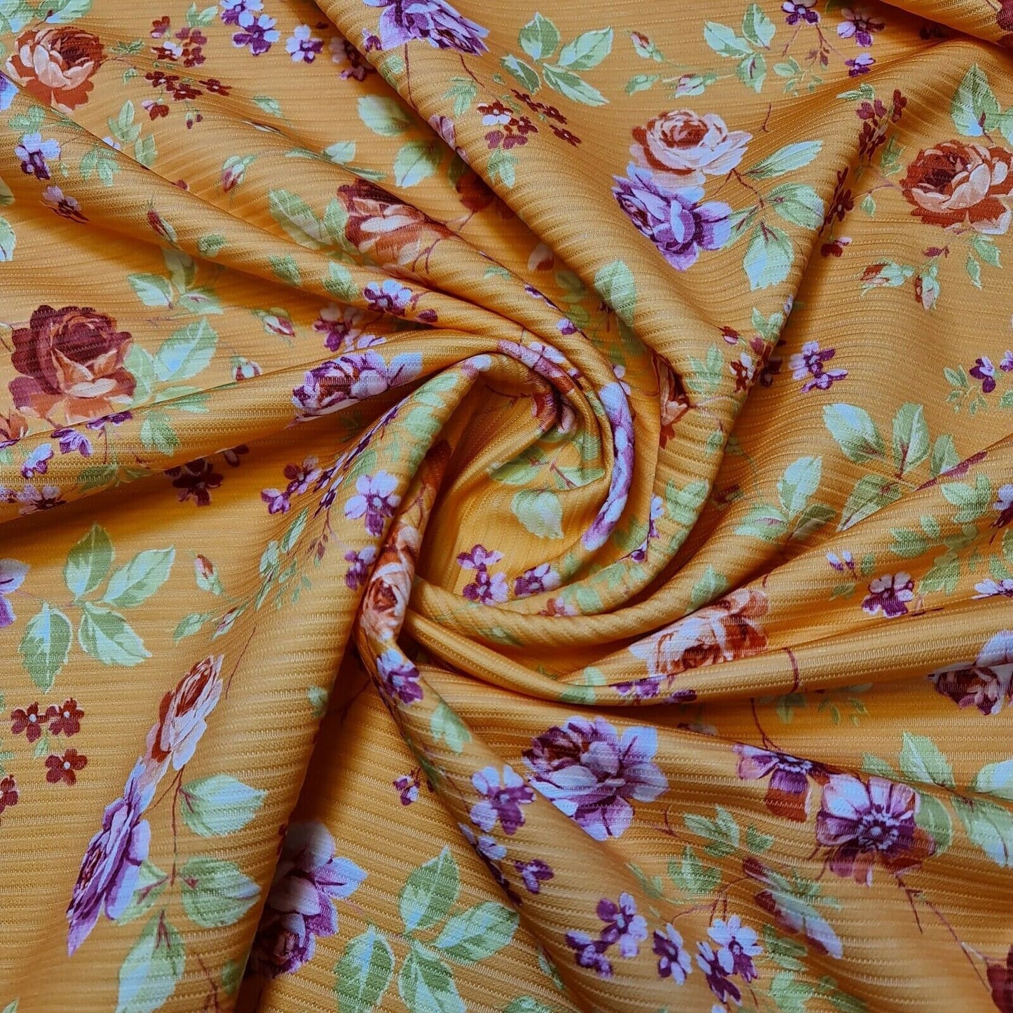 Floral Stripe Ribbed Poly Viscose Stretch Jersey Floral Print Dress Craft Fabric (Orange Floral)