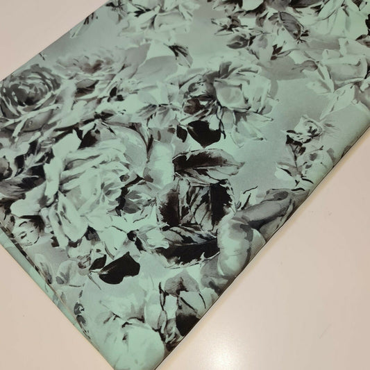 Mintgrüner Blumenrosen-Druck, pfirsichfarbener Kreppstoff für Kleider, Bastelstoff, Meterware, 147,3 cm