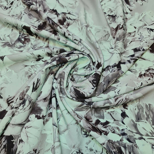 Mintgrüner Blumenrosen-Druck, pfirsichfarbener Kreppstoff für Kleider, Bastelstoff, Meterware, 147,3 cm