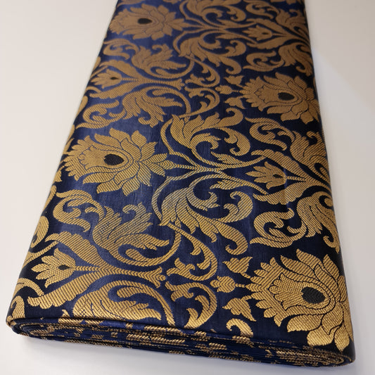 Luxurious Floral Gold Metallic Indian Banarasi Brocade Fabric 44" By The Meter (Navy Blue)
