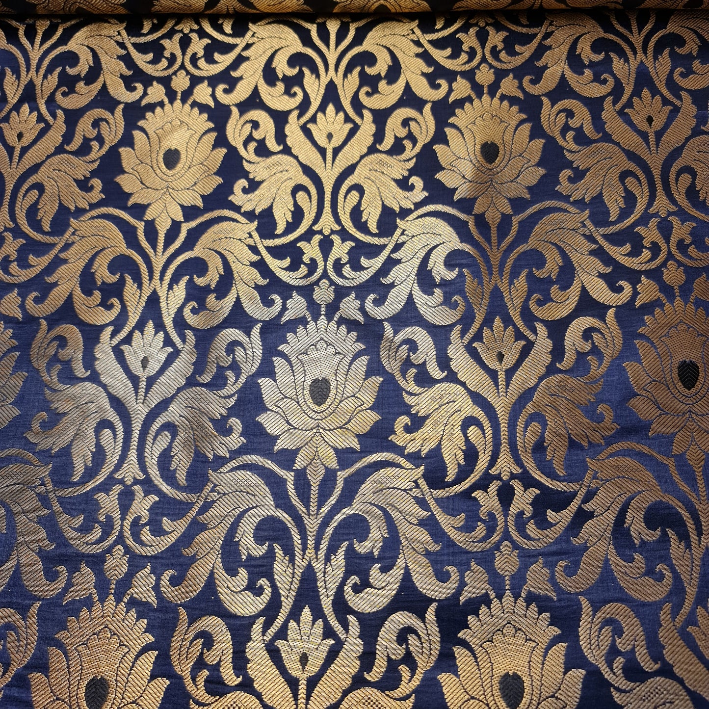 Luxurious Floral Gold Metallic Indian Banarasi Brocade Fabric 44" By The Meter (Navy Blue)