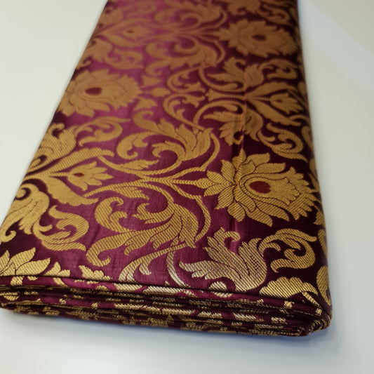 BURGUNDY Floral Brocade Jacquard Banarasi Fabric – 44” Wide – Indian Dress, Craft, Costume & Curtain Material (By the Meter)