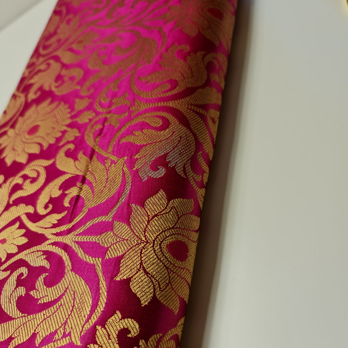 Luxurious Floral Gold Metallic Indian Banarasi Brocade Fabric 44" By The Meter (Cerise Pink)