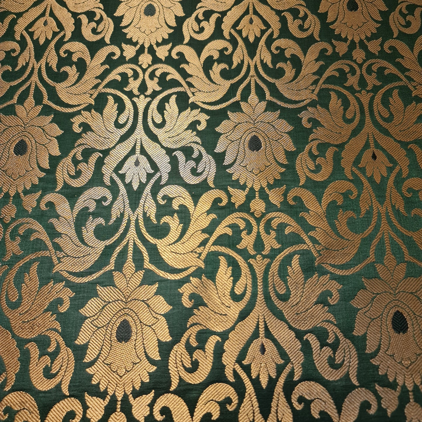Luxurious Floral Gold Metallic Indian Banarasi Brocade Fabric 44" By The Meter (Bottle Green)
