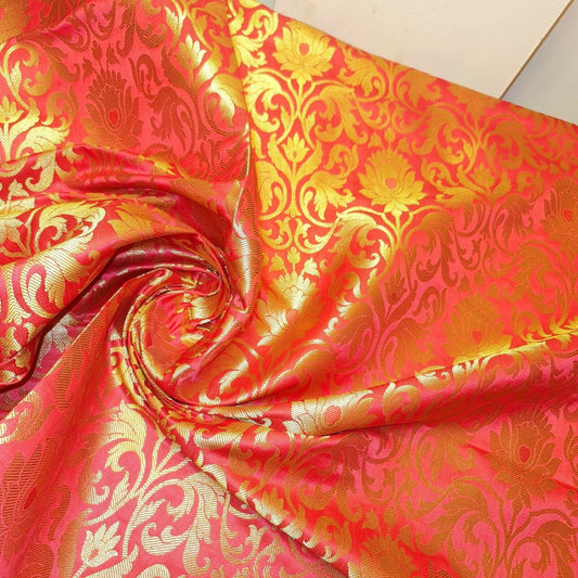 Luxurious Floral Gold Metallic Indian Banarasi Brocade Fabric 44" By The Meter (Coral Pink)
