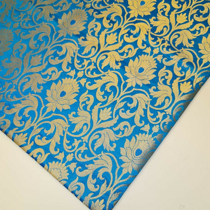Turquoise Floral Brocade Jacquard Banarasi Fabric – 44” Wide – Indian Dress, Craft, Costume & Curtain Material (by the Metre)