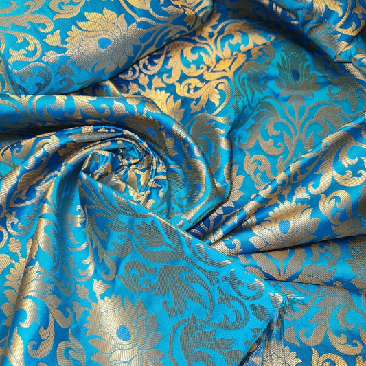Turquoise Floral Brocade Jacquard Banarasi Fabric – 44” Wide – Indian Dress, Craft, Costume & Curtain Material (By the Meter)