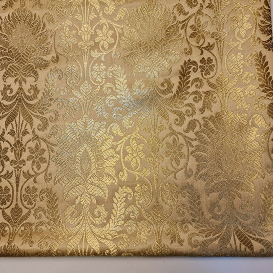 Floral Gold Leaf Damask Metallic Indian Banarasi Brocade Fabric Design 44" Meter (Light Gold)