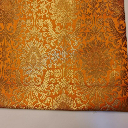 Floral Gold Leaf Damask Metallic Indian Banarasi Brocade Fabric Design 44" Meter (Peach)