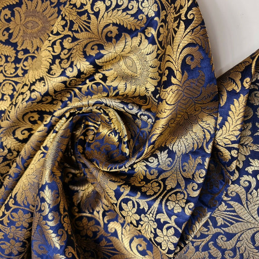 Floral Gold Leaf Damask Metallic Indian Banarasi Brocade Fabric Design 44" Meter (Navy Blue)