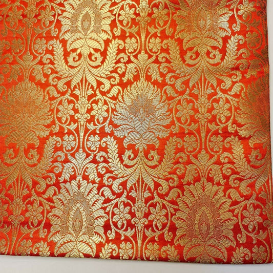 Floral Gold Leaf Damask Metallic Indian Banarasi Brocade Fabric Design 44" Meter (Orange)