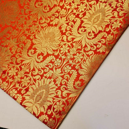 Orange Floral Brocade Jacquard Banarasi Fabric – 44” Wide – Indian Dress, Craft, Costume & Curtain Material (by the Metre)