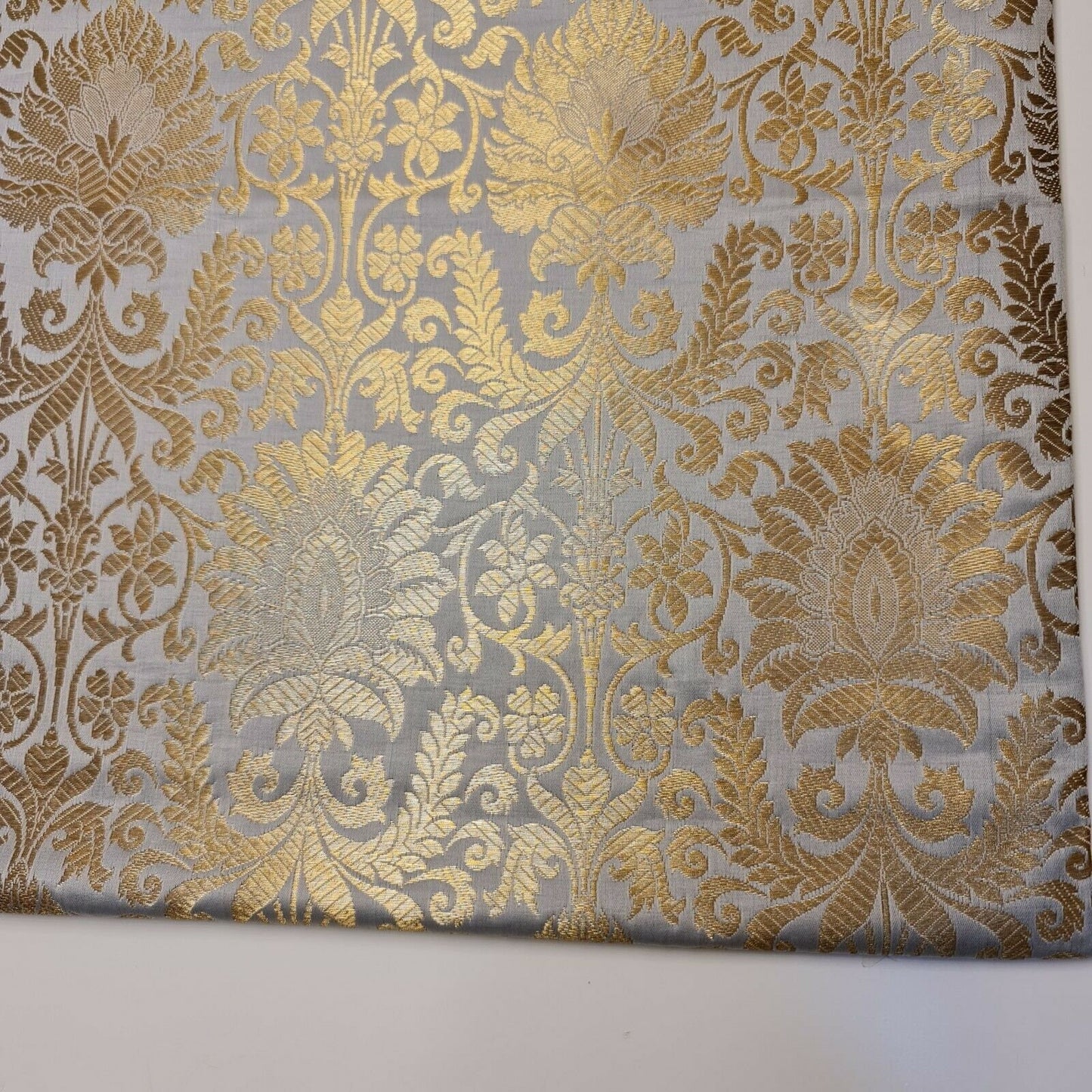 Floral Gold Leaf Damask Metallic Indian Banarasi Brocade Fabric Design 44" Meter (Duck Egg)