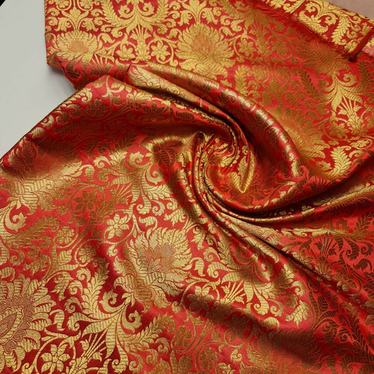Coral Pink Floral Brocade Jacquard Banarasi Fabric – 44” Wide – Indian Dress, Craft, Costume & Curtain Material (By the Meter)