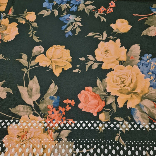 Lasergeschnittener Scuba-Crêpe-Jersey-Stoff mit floralem, grünem Druckrand, verkauft 58"