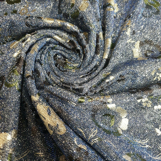 Königsblauer, schimmernder, floral bedruckter, glänzender Stretch-Nylon-Hintergrundstoff mit Mondlicht-Motiv, 147,3 cm