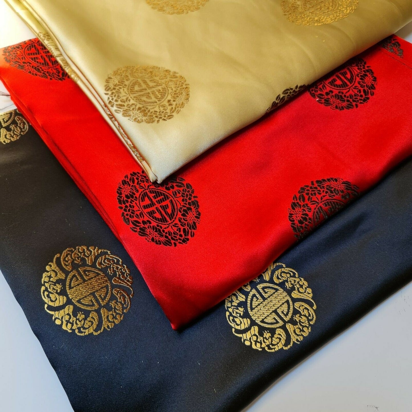 Oriental Chinese Embroidery Brocade Poly Silk Satin Oriental Jacquard Fabric 45" (Black)