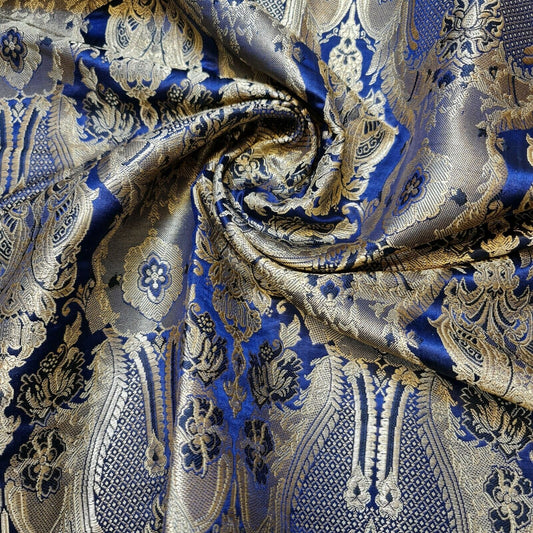 Ornamental Damask Premium Gold Metallic Indian Banarasi Brocade Fabric 44" Meter (NAVY BLUE)