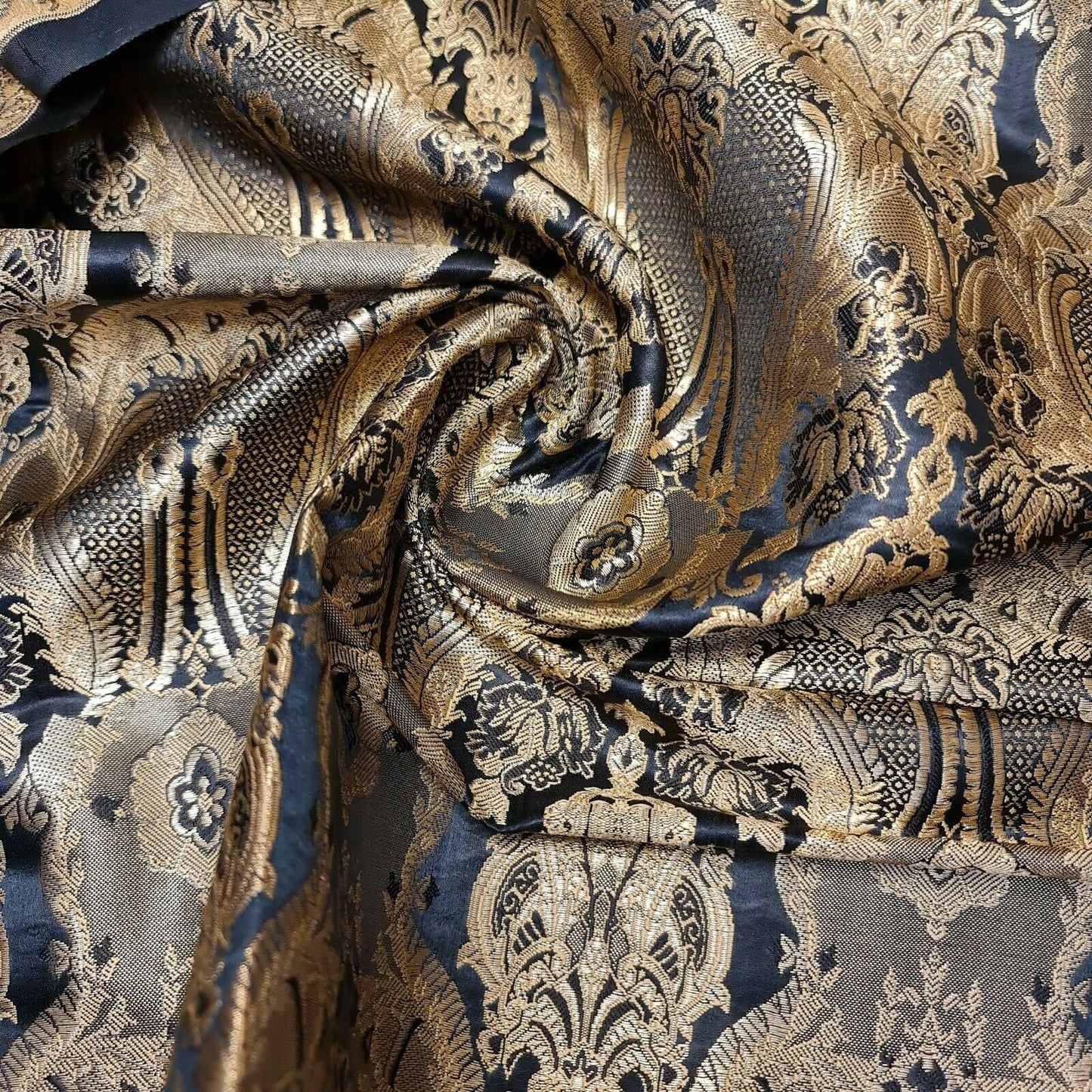 Ornamental Damask Premium Gold Metallic Indian Banarasi Brocade Fabric 44" Meter (BLACK)