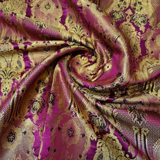 Ornamental Damask Premium Gold Metallic Indian Banarasi Brocade Fabric 44" Meter (CERISE PINK)