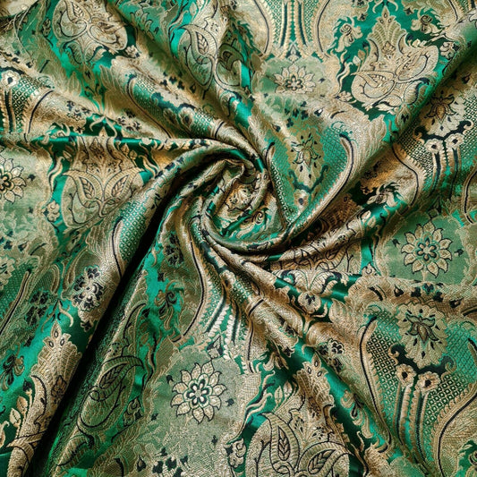 Ornamental Damask Premium Gold Metallic Indian Banarasi Brocade Fabric 44" Meter (EMERALD GREEN)