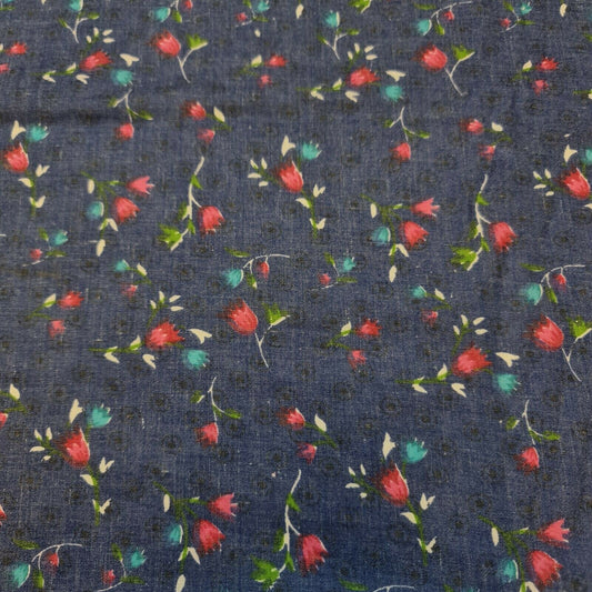 Blue Vintage Floral Printed Polycotton Soft Dress Craft Fabric 58" By The Meter