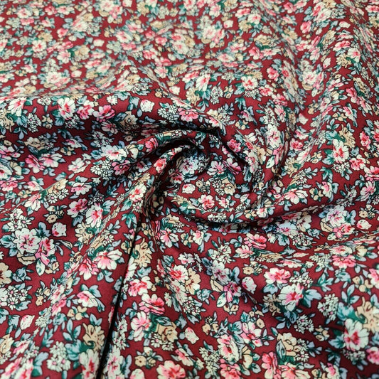 Cerise Base 100% Cotton Poplin Floral Spring Bloom Print Fabric Dress Craft Soft Fabric 58"