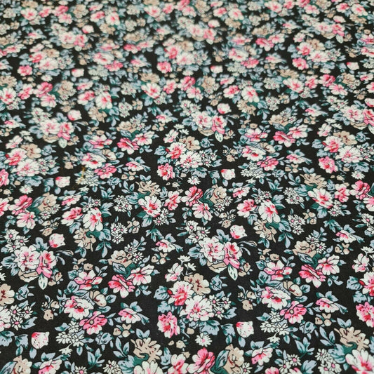 100% Cotton Poplin Floral Spring Bloom Print Fabric Dress Craft Soft Fabric 58" (Black Base)