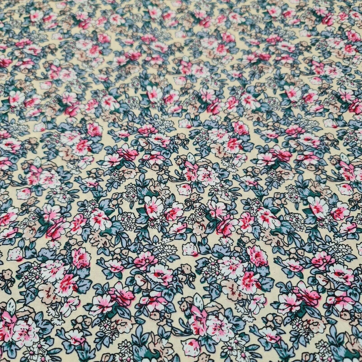 100% Cotton Poplin Floral Spring Bloom Print Fabric Dress Craft Soft Fabric 58" (Cream Base)