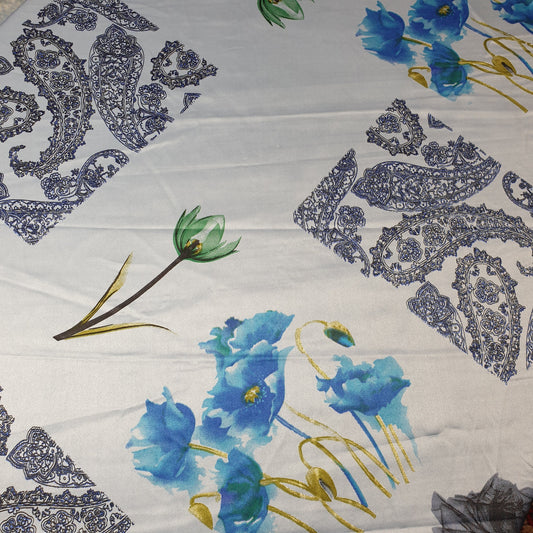 Blue Floral Printed Satin Fabric 58" Wide – By the Meter, Dress & Draping Material