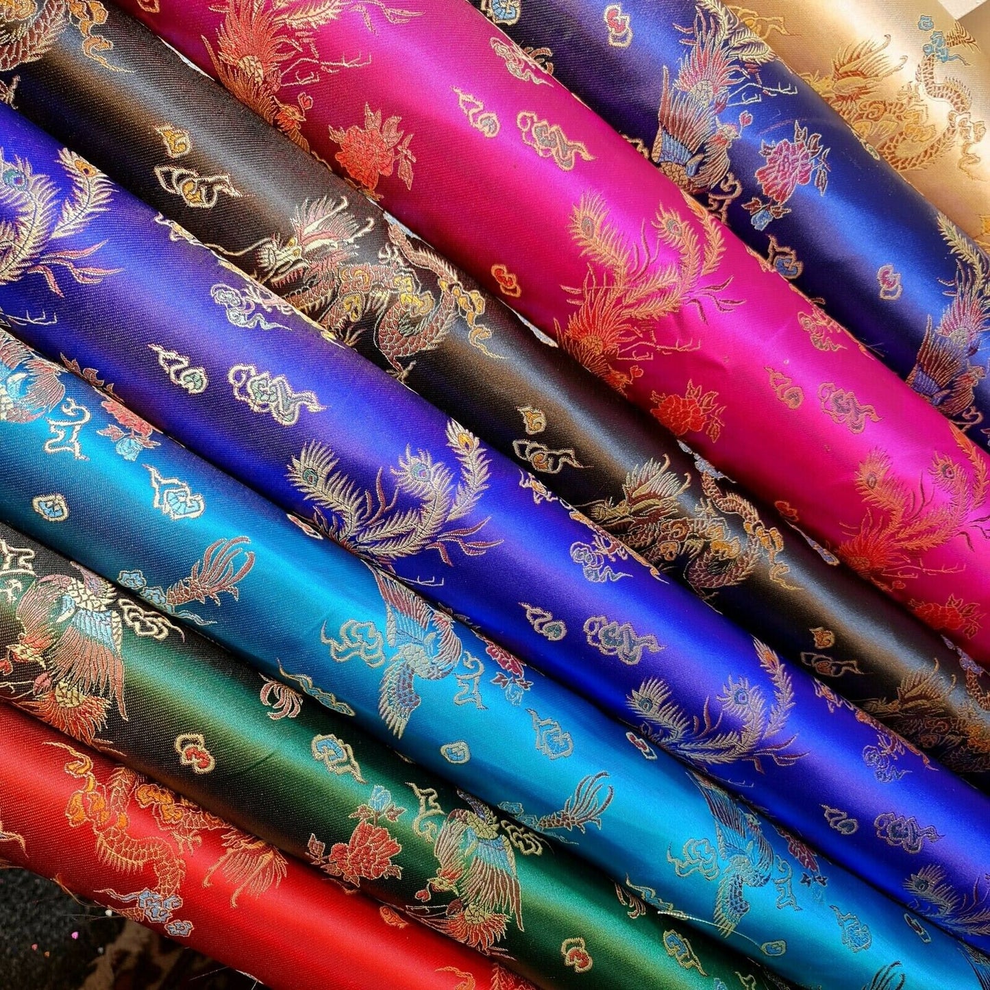 Traditional Chinese Embroidered Brocade Poly Silky Satin Oriental Dragon Print By the Meter (Gold)