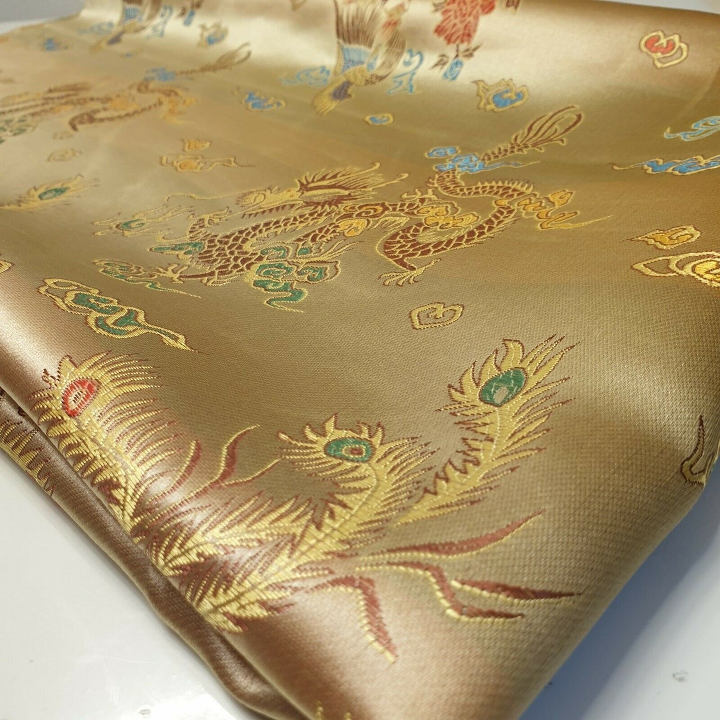 Traditional Chinese Embroidered Brocade Poly Silky Satin Oriental Dragon Print (Gold)