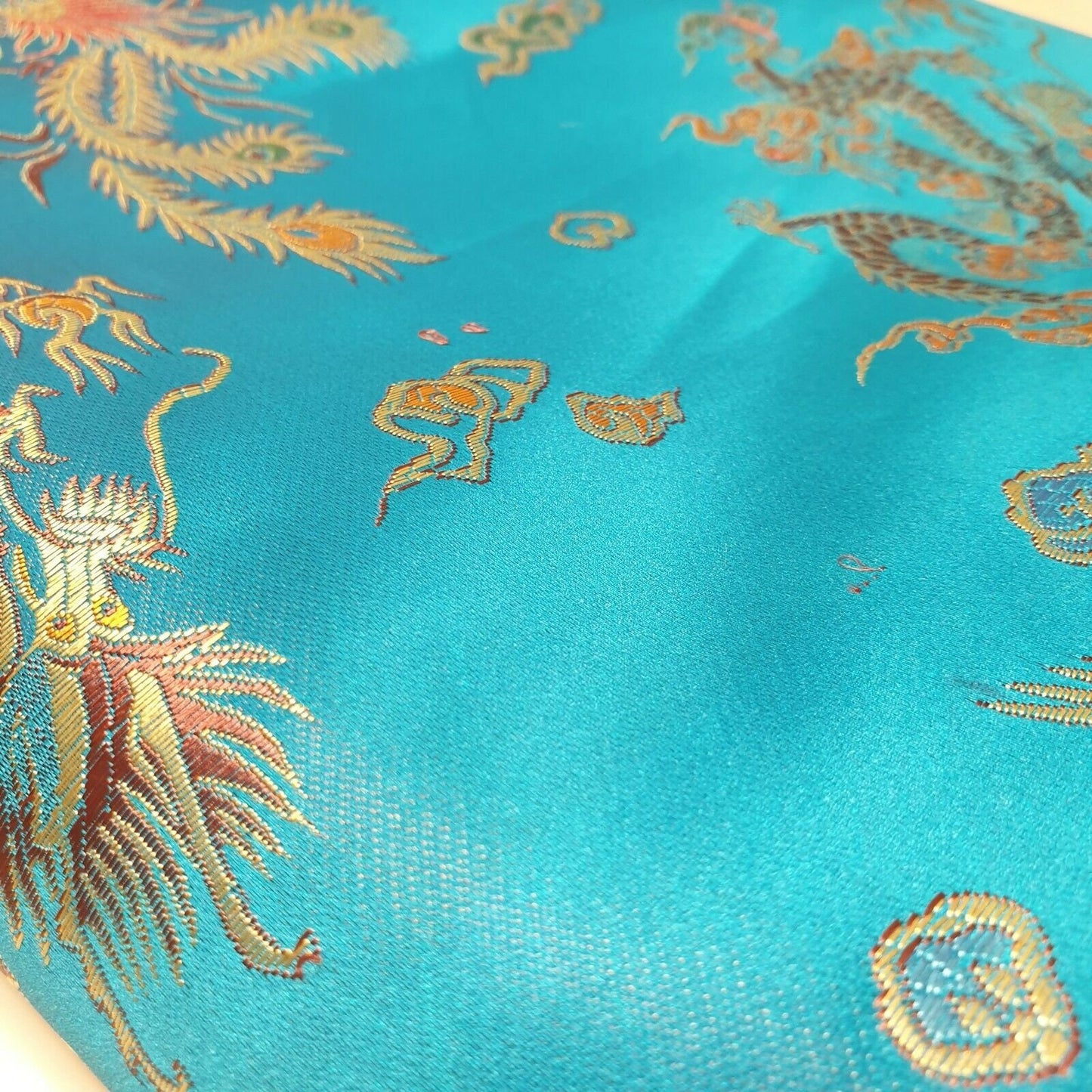 Traditional Chinese Embroidered Brocade Poly Silky Satin Oriental Dragon Print By the Meter (Turquoise)