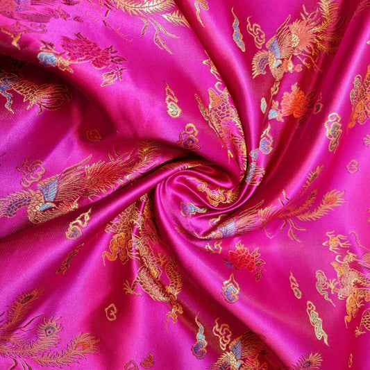 Traditional Chinese Embroidered Brocade Poly Silky Satin Oriental Dragon Print (Hot Pink)