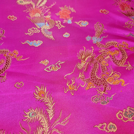 Traditional Chinese Embroidered Brocade Poly Silky Satin Oriental Dragon Print (Hot Pink)