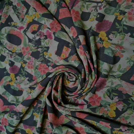 Alphabets Print Crepe Chiffon Georgette Black Floral Dress Craft Fabric 58"