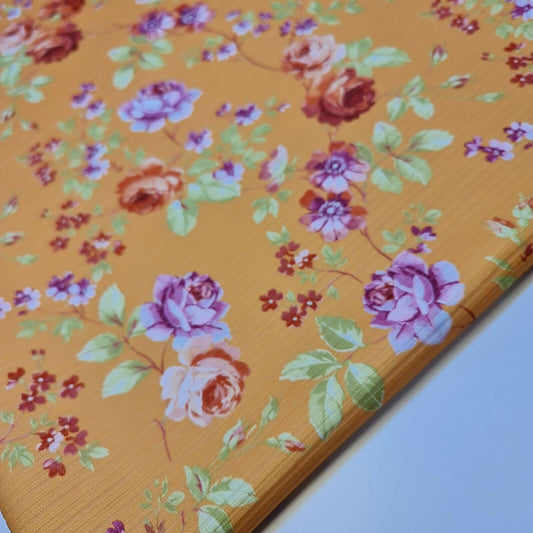 Mustard Floral Plissé Stretch Ribbed Jersey Vintage Rose Dress Fabric By The Meter