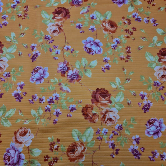 Geblümter, gestreifter, gerippter Polyester-Viskose-Stretch-Jersey mit Blumendruck, Kleiderbastelstoff (Orange Floral)