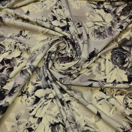 Lemon Floral Roses Print Peach Crepe Dress Craft Fabric By The Meter 58" (Lemon)