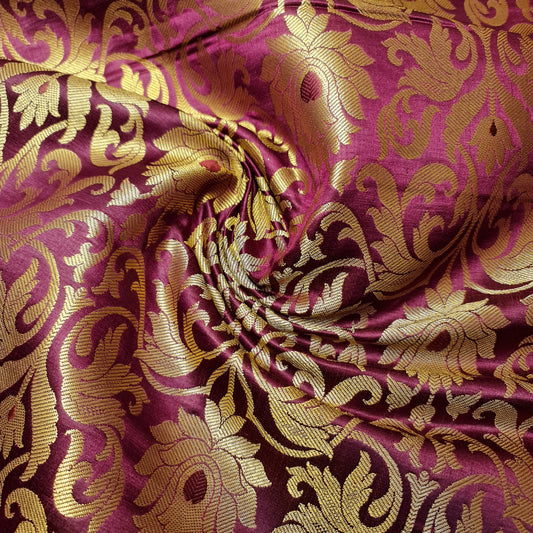 BURGUNDY Floral Brocade Jacquard Banarasi Fabric – 44” Wide – Indian Dress, Craft, Costume & Curtain Material (By the Meter)