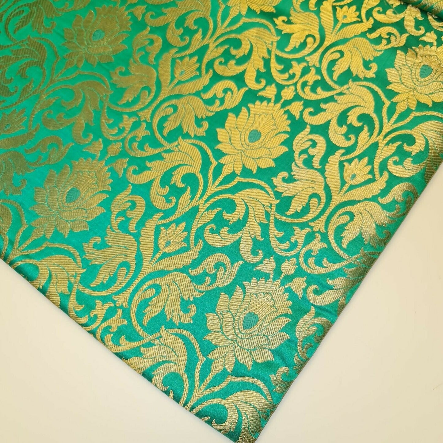 Luxurious Floral Gold Metallic Indian Banarasi Brocade Fabric 44" By The Meter (Jade)