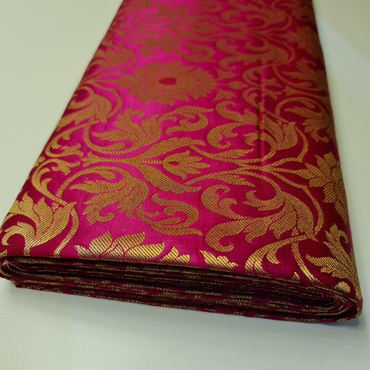 Luxurious Floral Gold Metallic Indian Banarasi Brocade Fabric 44" By The Meter (Cerise Pink)