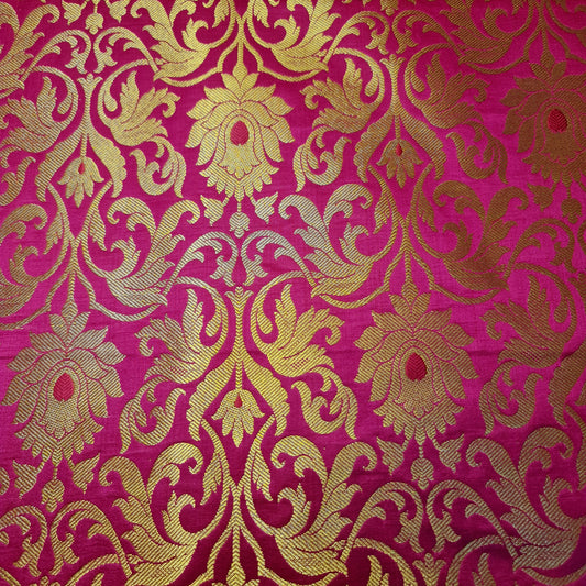 Cerise Pink Floral Brocade Jacquard Banarasi Fabric – 44” Wide – Indian Dress, Craft, Costume & Curtain Material (By the Meter)