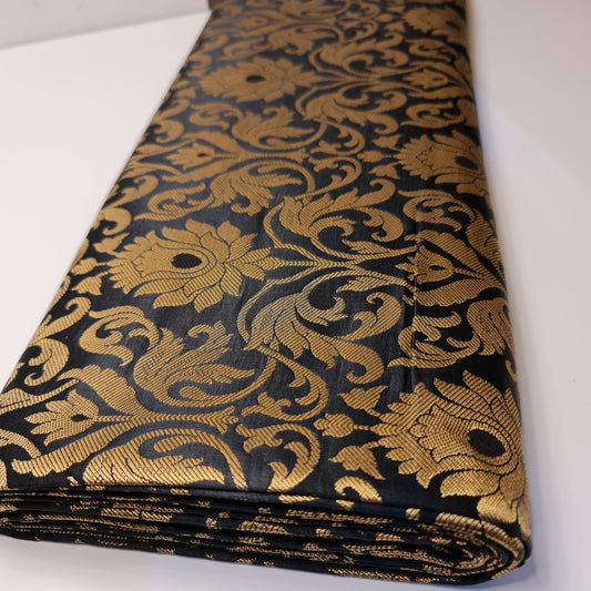 Black Floral Brocade Jacquard Banarasi Fabric – 44” Wide – Indian Dress, Craft, Costume & Curtain Material (By the Meter)